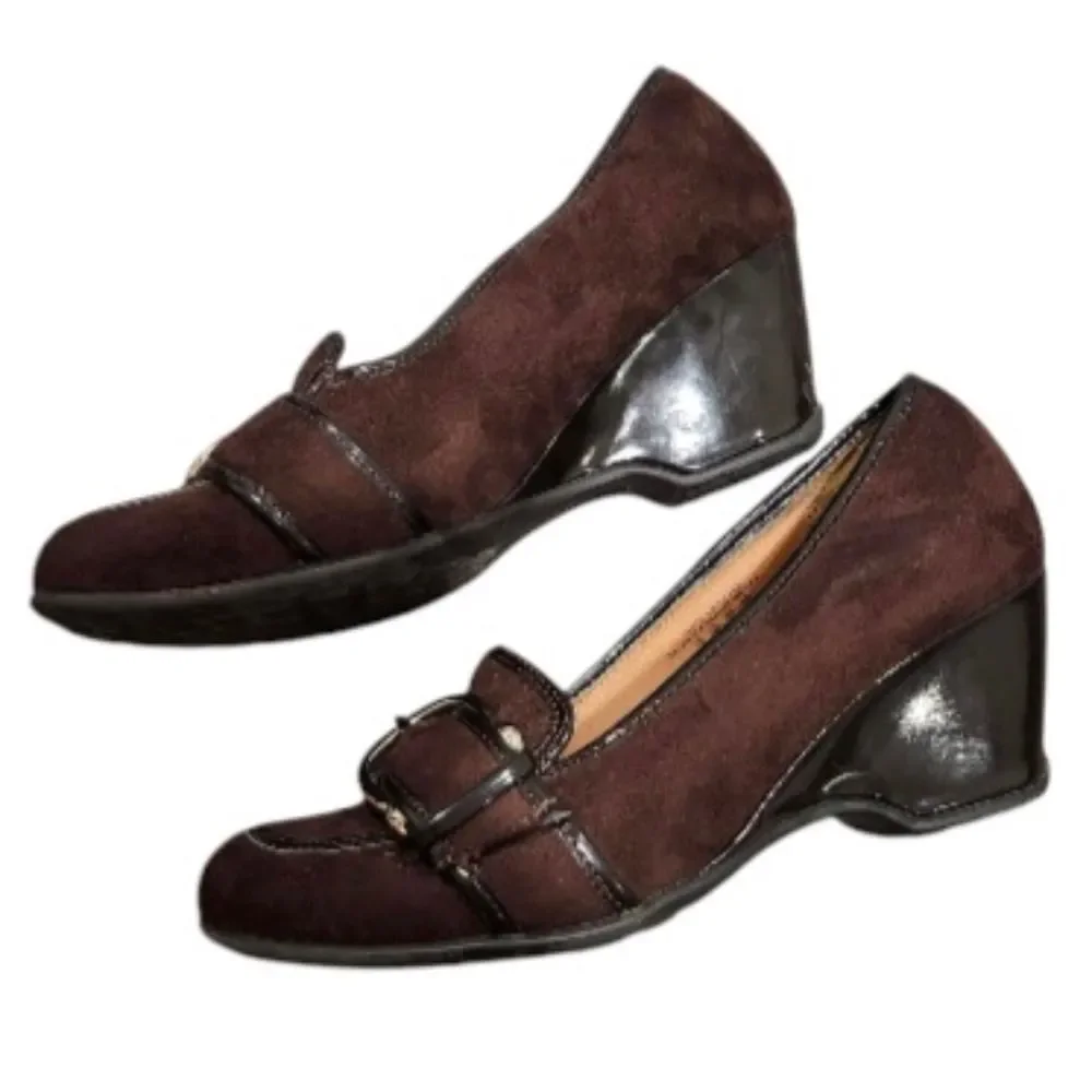 ❤️2/$18 Jaclyn Smith Brown Suede Wedge Heeled Loafer Leather Shoes 7